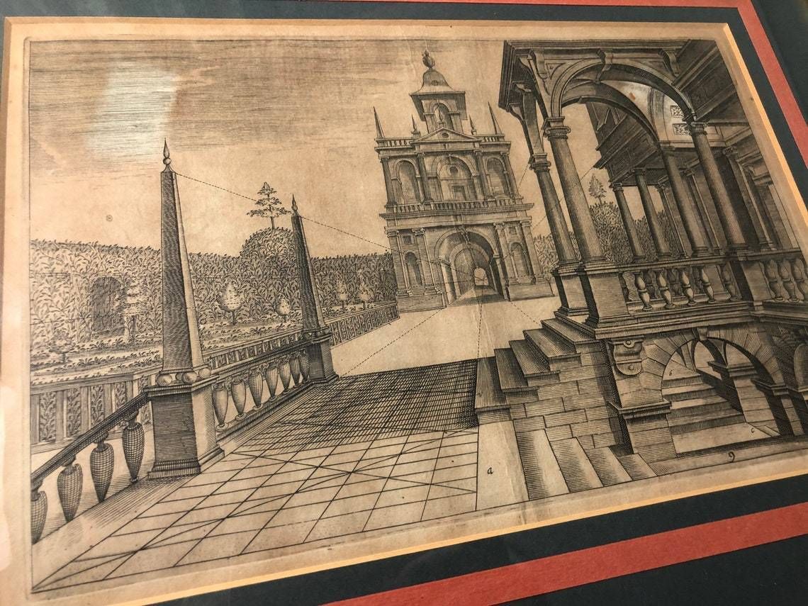 Antique Set Of 4 Henricus Hondius Linea Perspective 17th Century Engravings Renaissance Drawing Plans Rare Framed Prints (L) photo buy