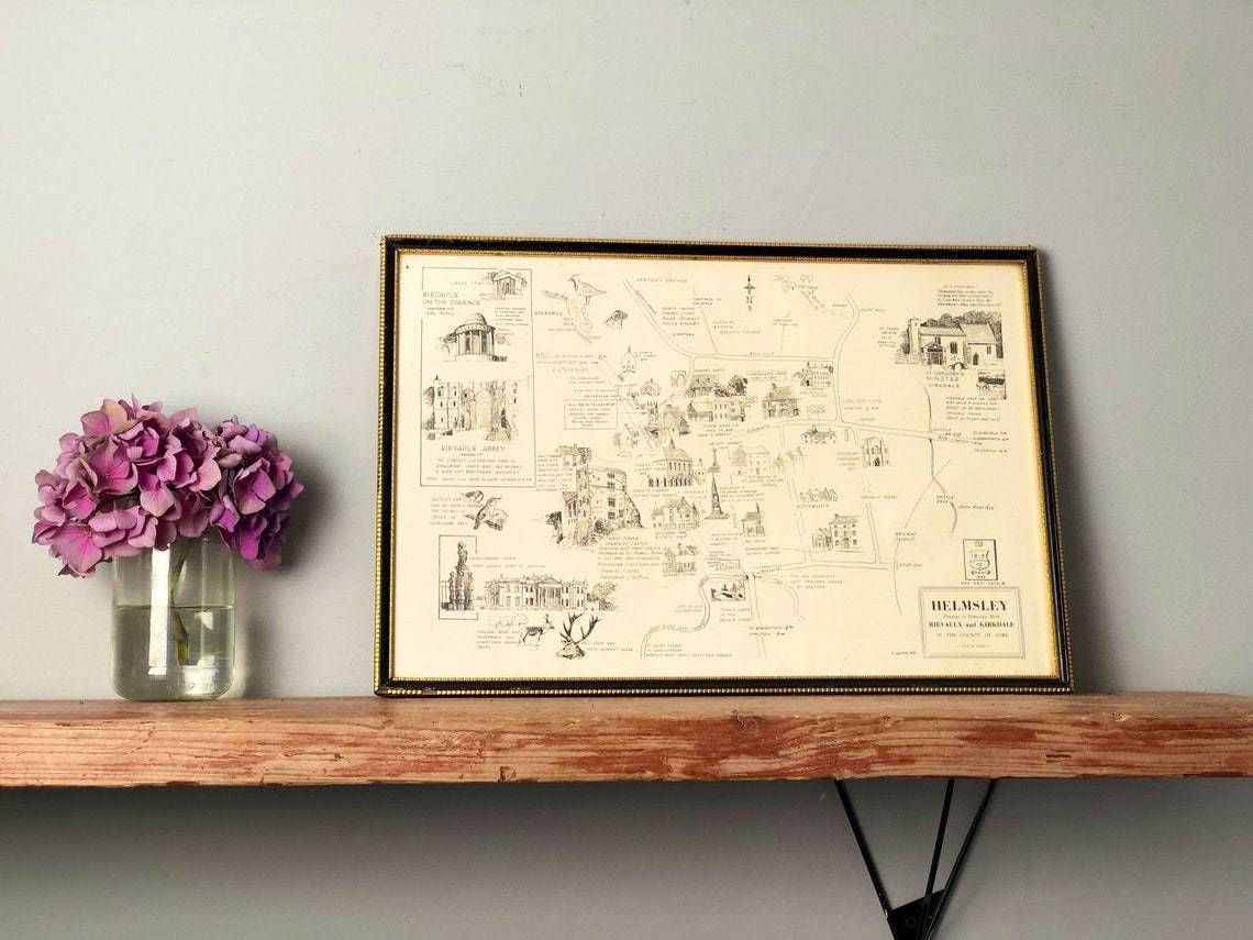 Helmsley Rievaulx And Kirkdale York 1958 Map Sketch Rare E Gower Print History Historical Drawing In Hogarth Frame (Ll)