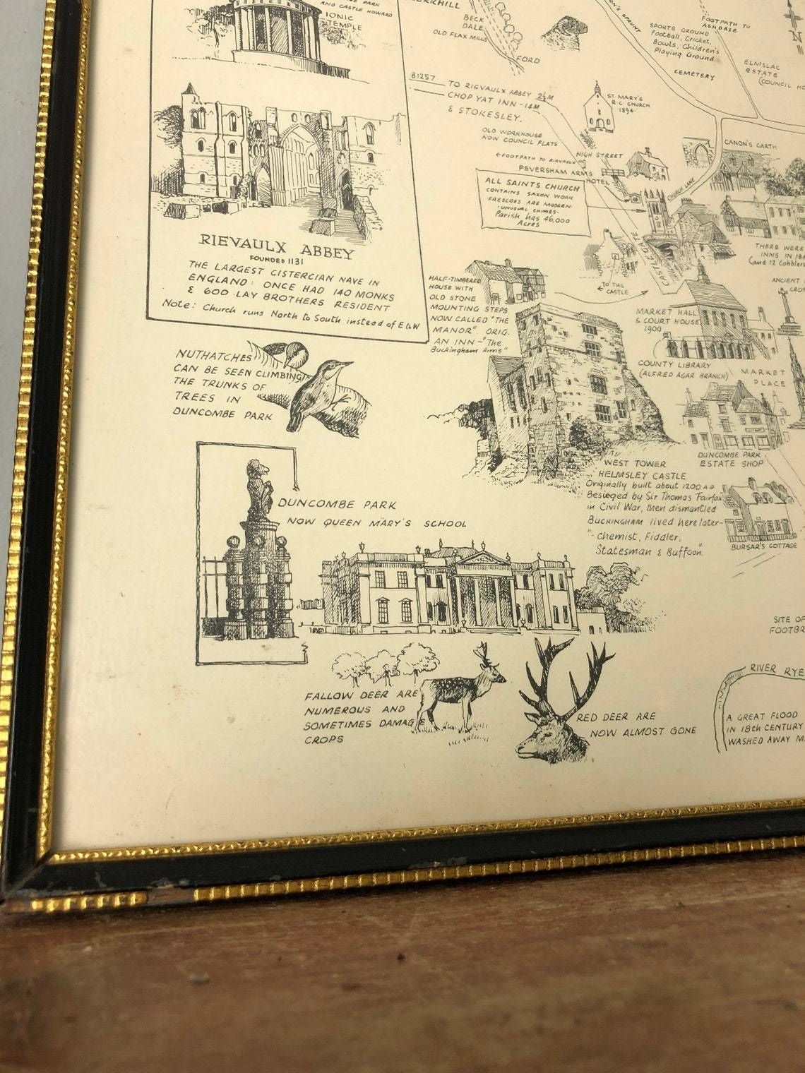 Helmsley Rievaulx And Kirkdale York 1958 Map Sketch Rare E Gower Print History Historical Drawing In Hogarth Frame (Ll) photo buy