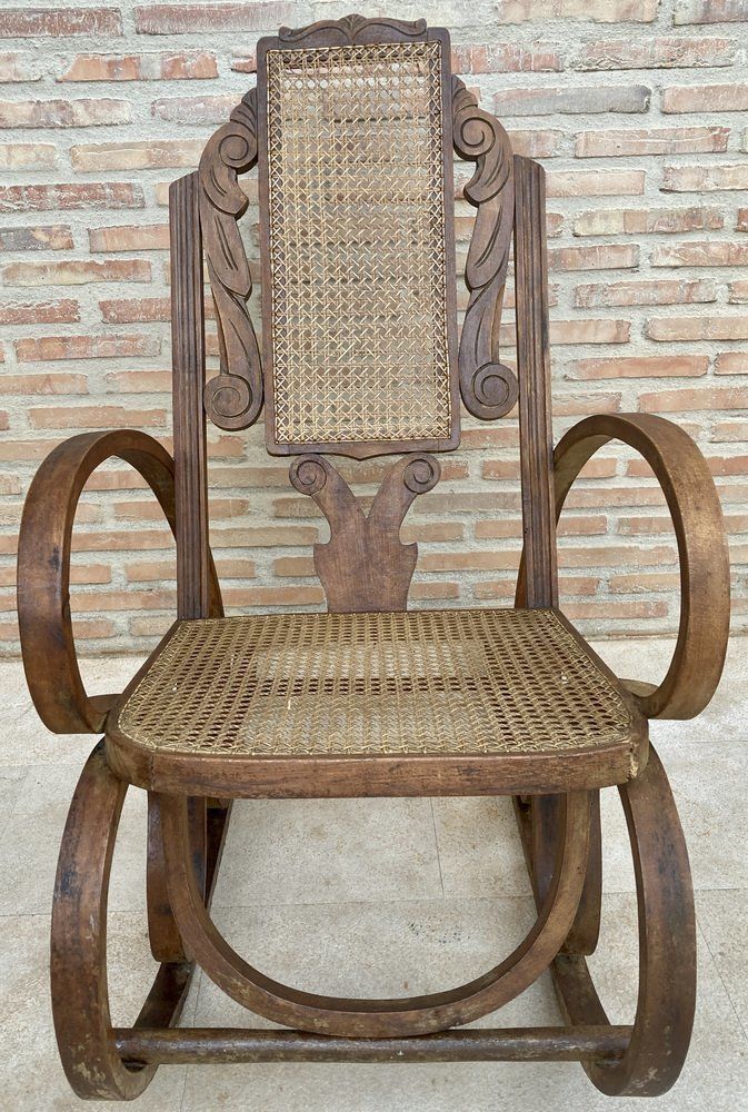 20e Eeuwse Art Deco Schommelstoel Met Gebogen Hout En Rieten Zitting, Set Van 2 photo for sale