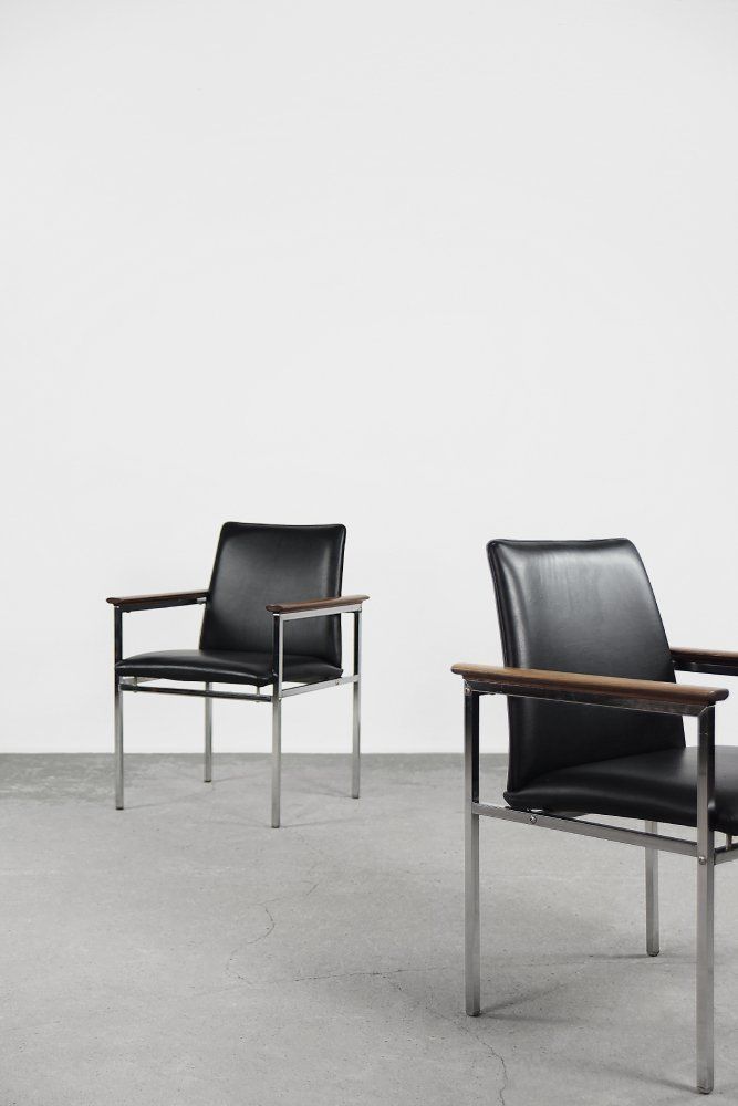 Mid Century Scandinavian Black Leather Armchair By Sigvard Bernadotte For France & Søn, 1960s, Set Of 2 photo vinterior