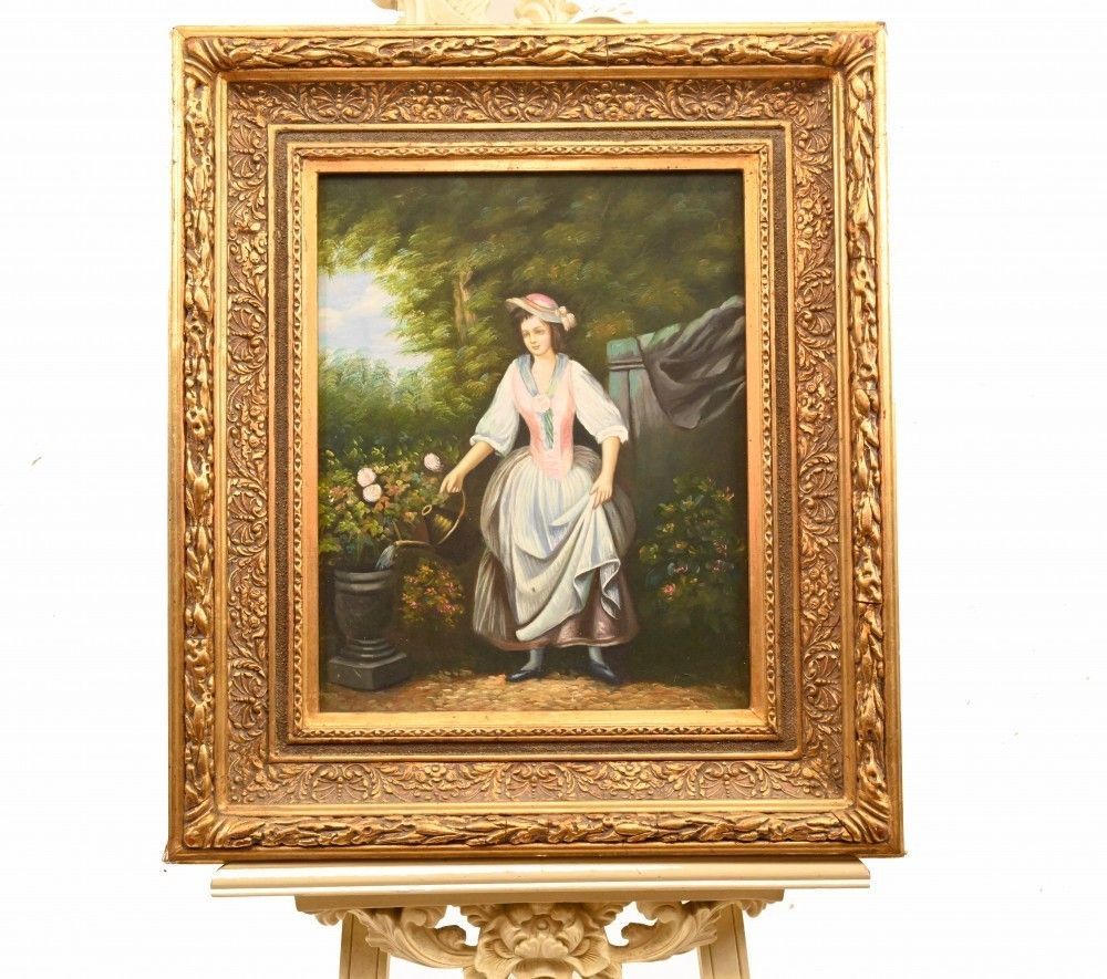 Victorian Oil Painting Gardening Lady Portrait Gilt Frame photo 950.0