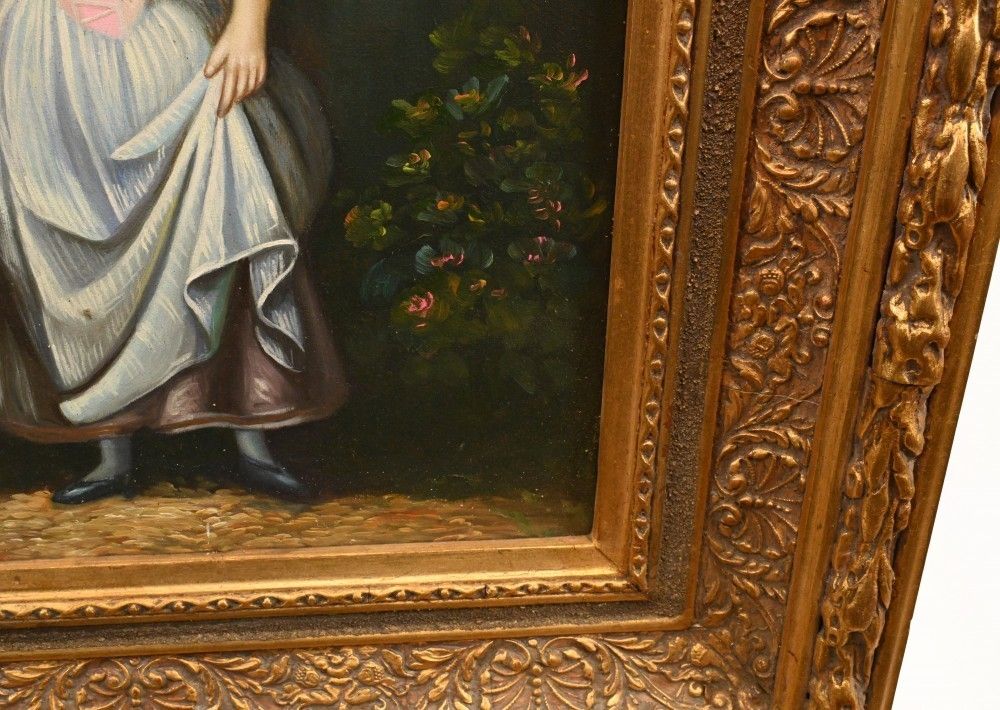 Victorian Oil Painting Gardening Lady Portrait Gilt Frame photo vinterior