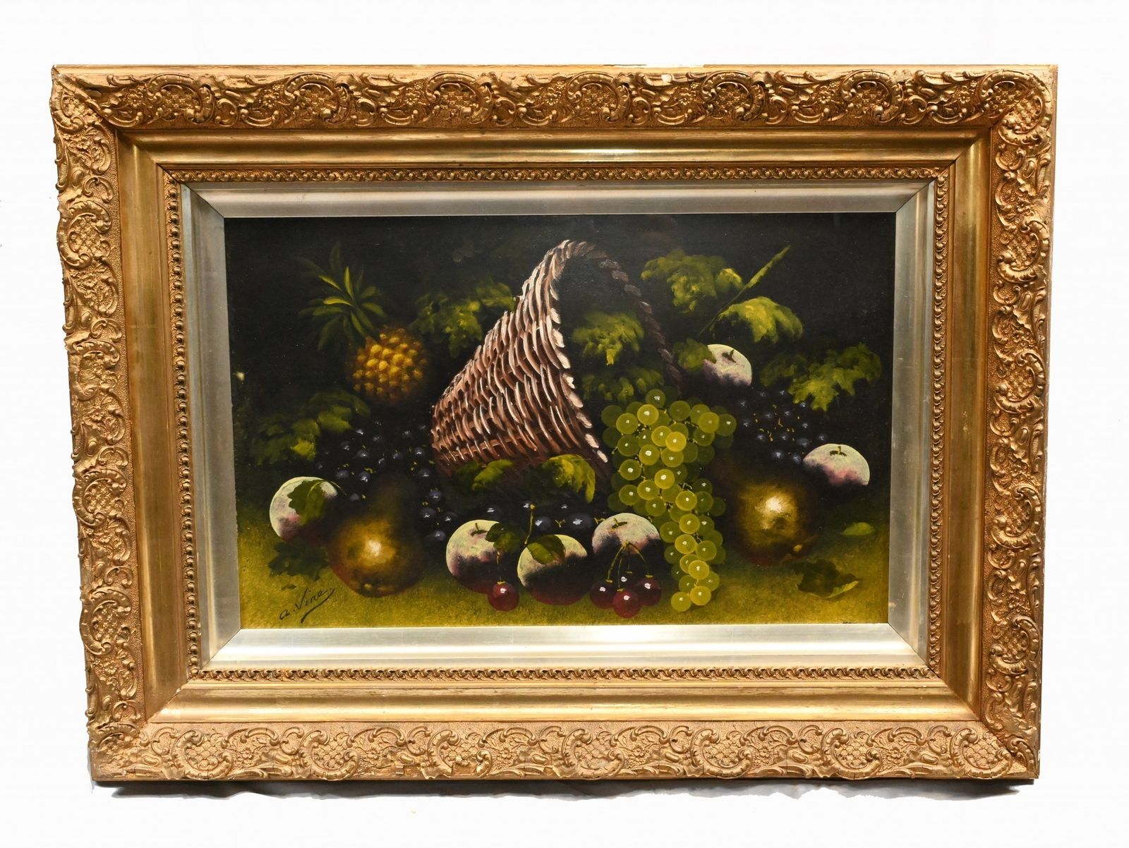 Pair French Still Life Oil Paintings Horn Of Plenty Signed
