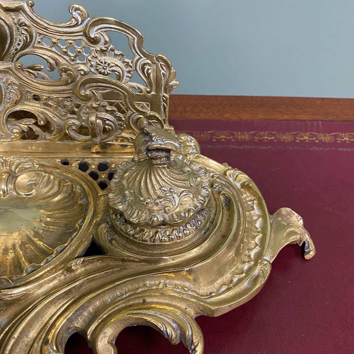 Superb Quality Antique Brass Inkwell Letter Holder Desk Set photo for sale