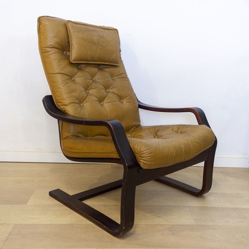 Vintage Teak And Leather Danish Cantilever Armchair, 1970s photo for sale