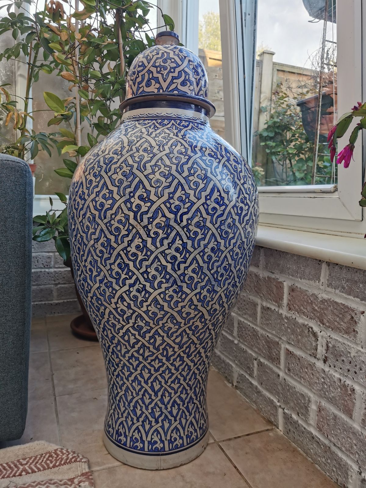 Antique Handmade Moroccan Vase. Large Pottery Blue Of Fez. Free Shipping To Uk.