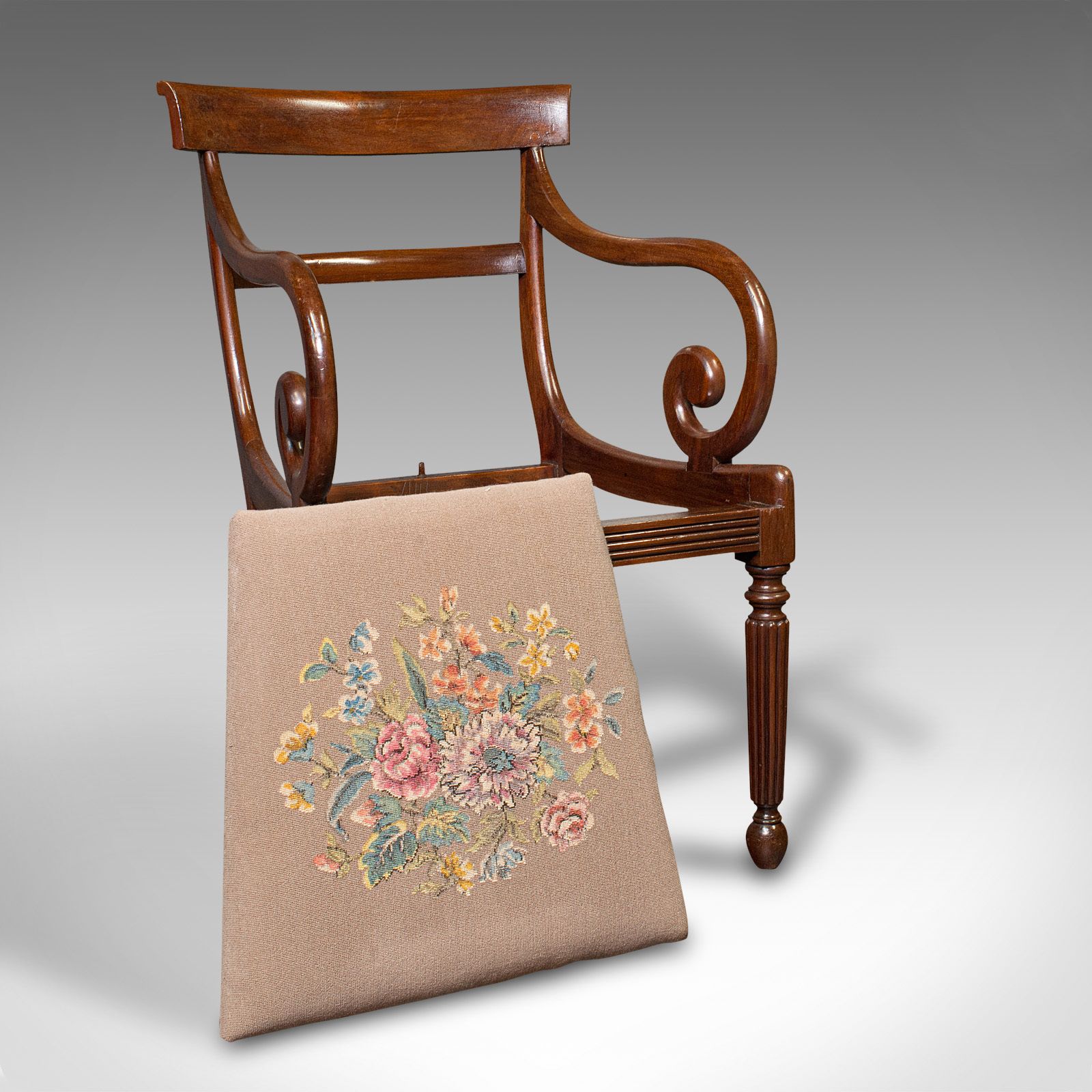 Furniture Antique Elbow Chair, English, Armchair, Needlepoint, Drop In Seat photo
