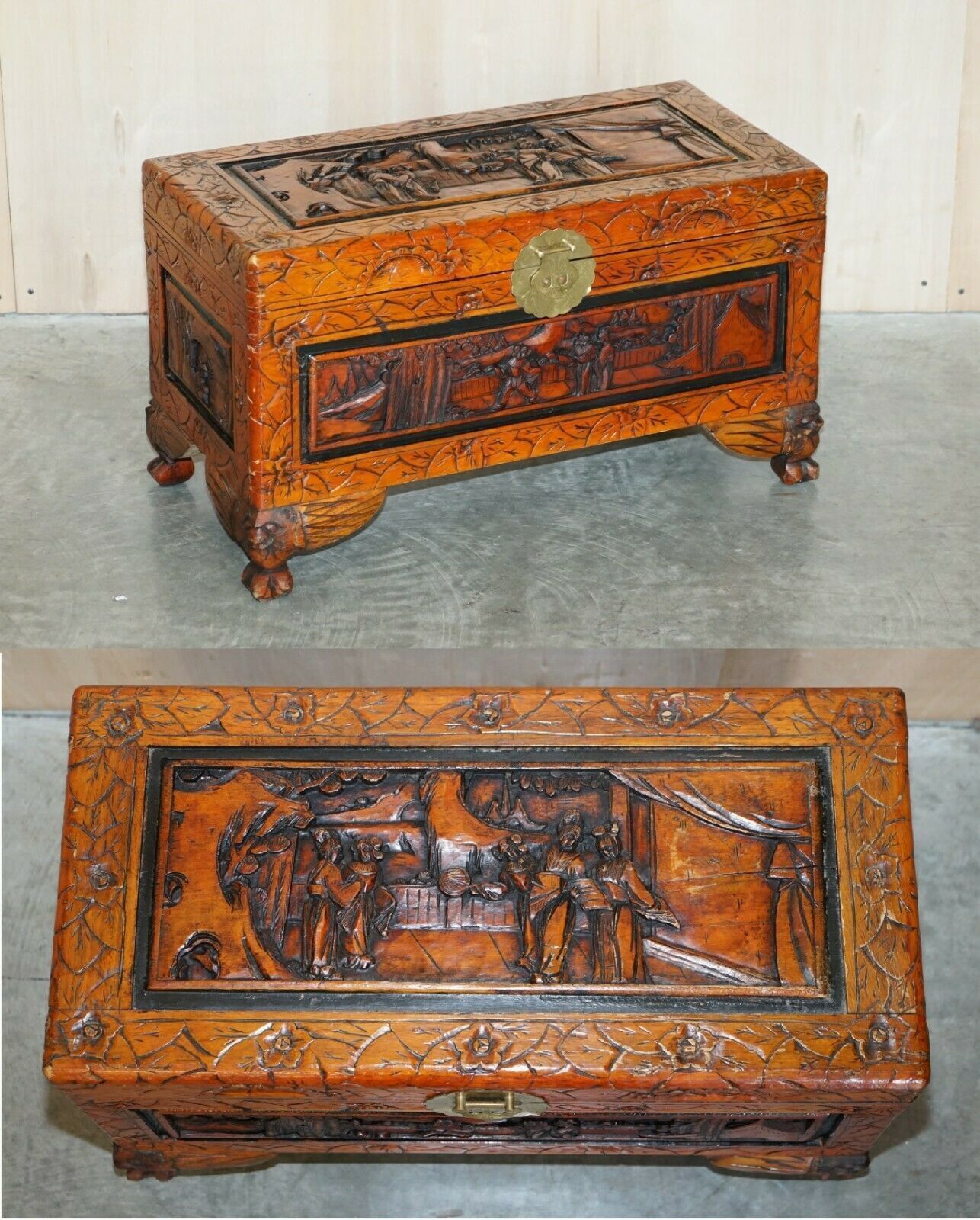 Antique Circa 1900 Hand Carved Chinese Camphor Wood Travelling Trunk Nice Finish