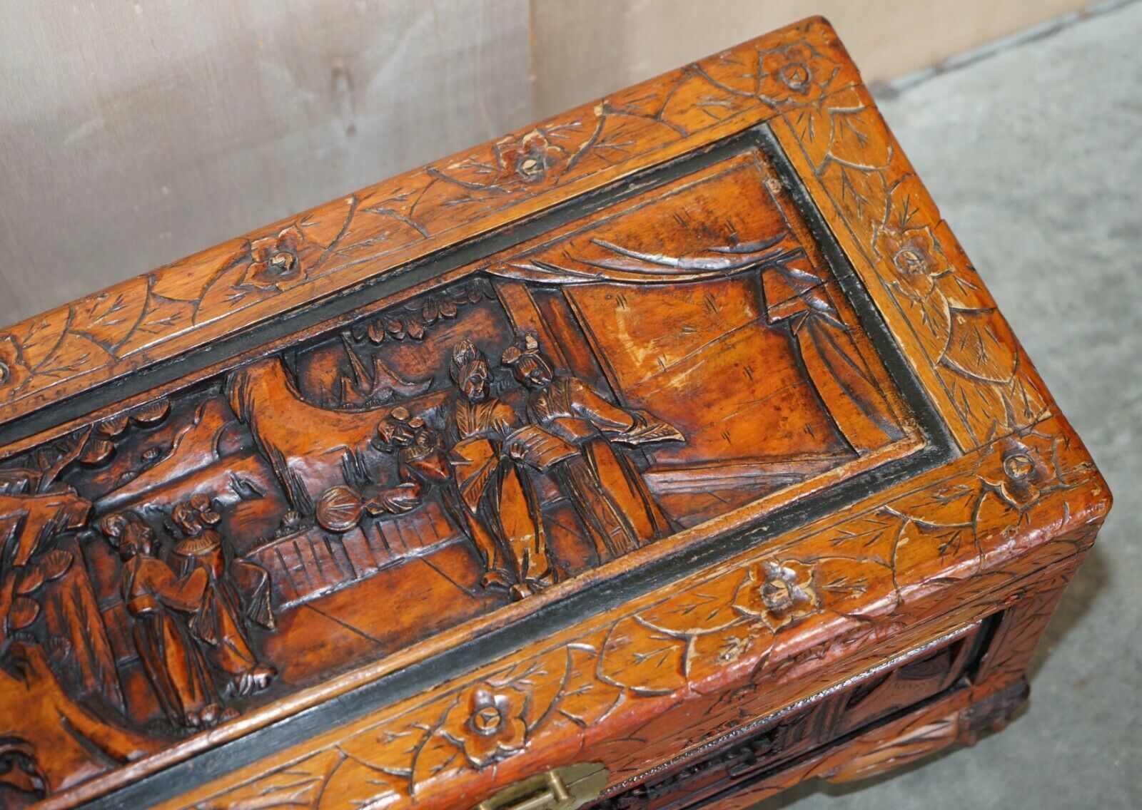 Antique Circa 1900 Hand Carved Chinese Camphor Wood Travelling Trunk Nice Finish photo vinterior