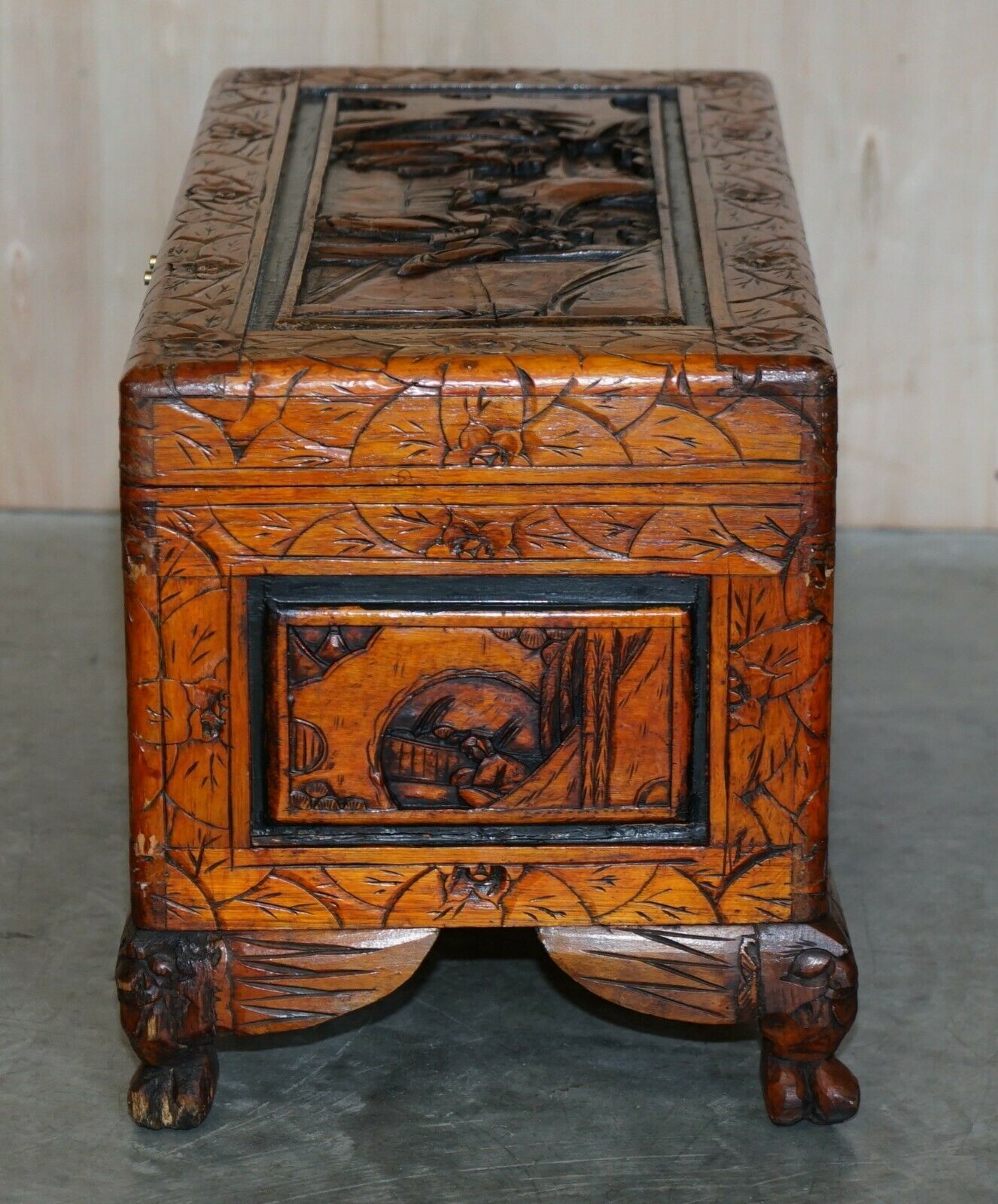 photo furniture Antique Circa 1900 Hand Carved Chinese Camphor Wood Travelling Trunk Nice Finish