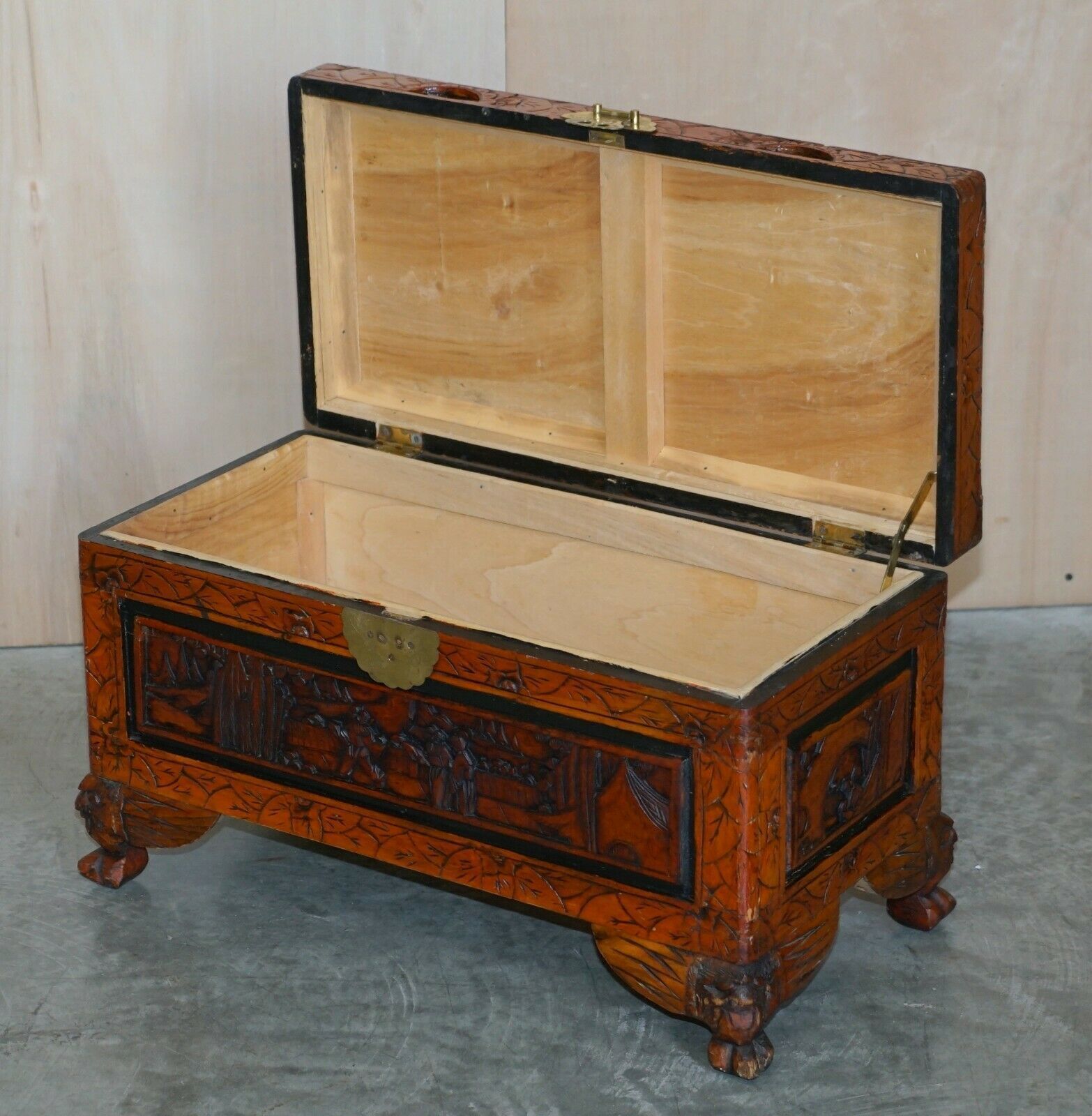 photo for sale Antique Circa 1900 Hand Carved Chinese Camphor Wood Travelling Trunk Nice Finish
