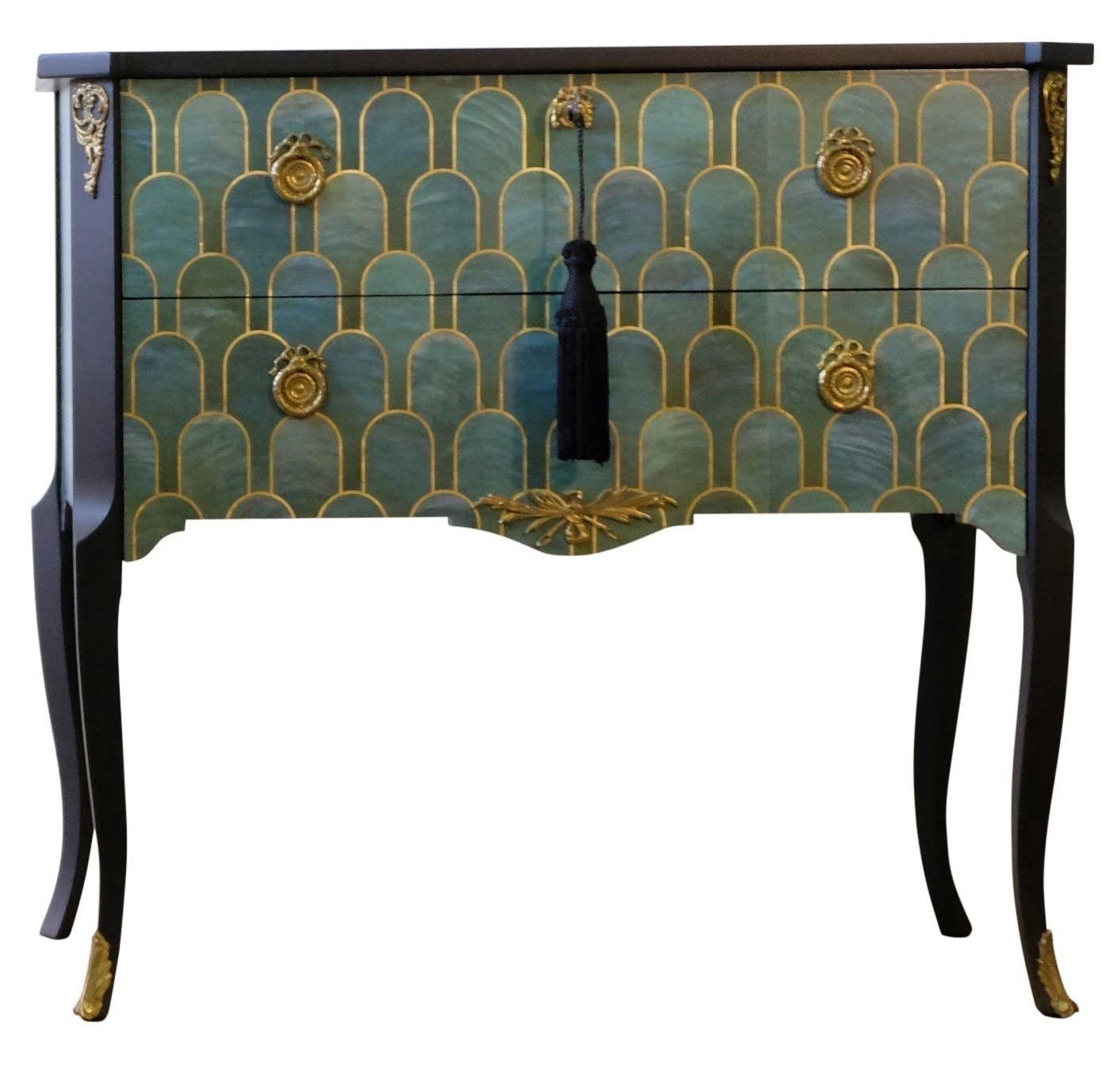 Gustavian Style Commode With Art Deco Green & Gold Design