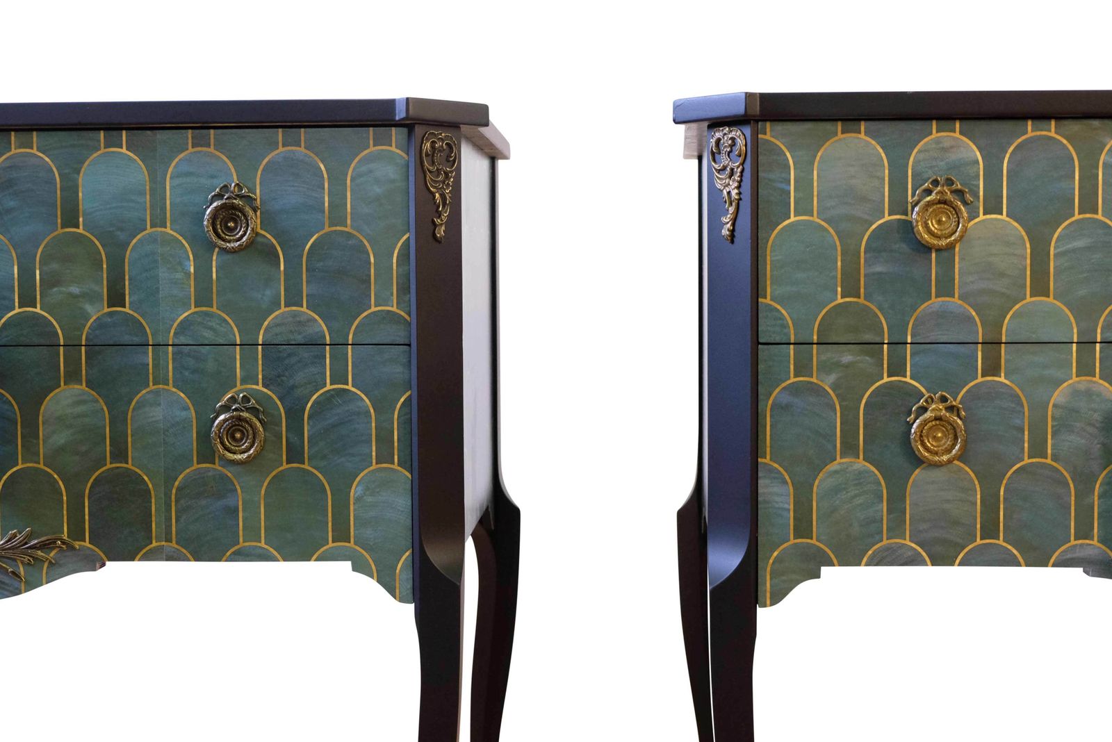 Gustavian Style Commode With Art Deco Green & Gold Design   Pair photo vinterior
