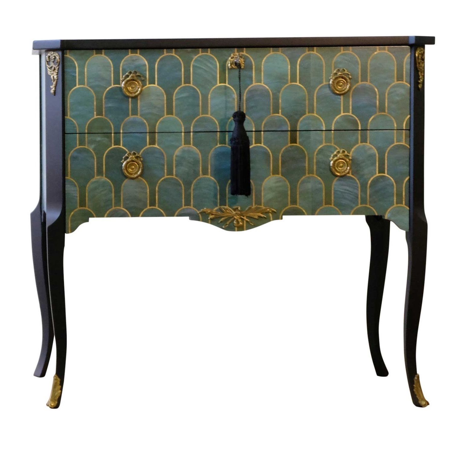 Gustavian Style Commode With Art Deco Green & Gold Design   Pair photo buy