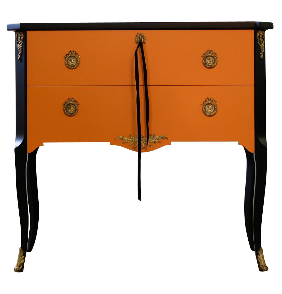 Gustavian Style Commode In Orange & Black With Brass Details photo Furniture