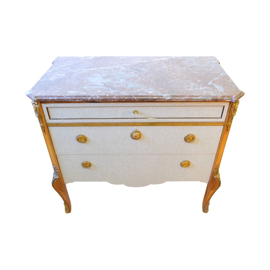 Gustavian Haupt Chest With Three Drawers With A Linen Fabric Design photo vinterior