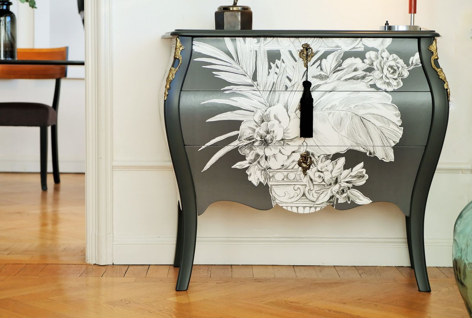 Rococo Two Drawer Chest Withcontemporary Floral Design  And Marble Top photo Furniture