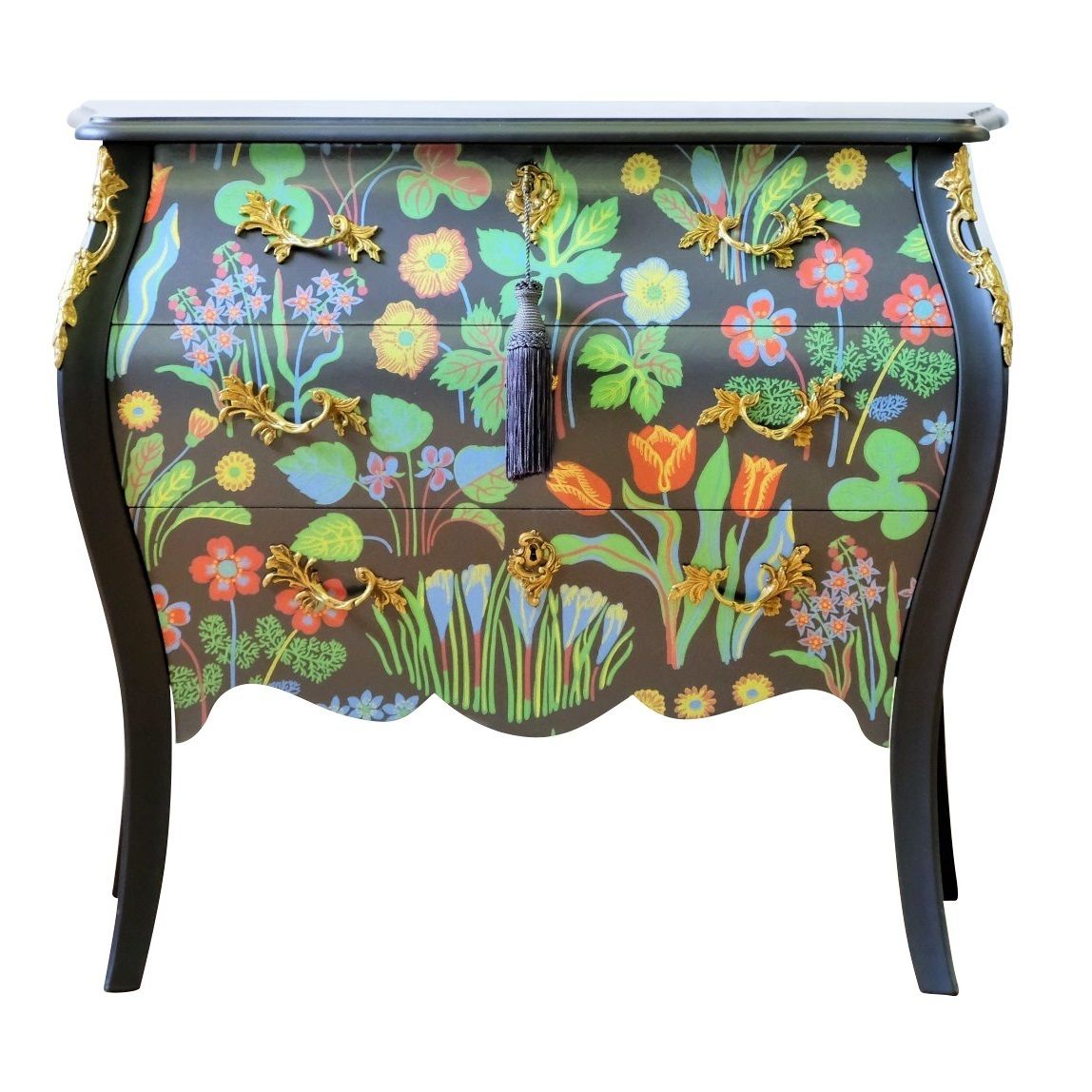 Rococo Two Drawer Chest With Josef Frank Floral Design  And Marble Top