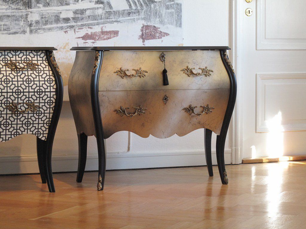 Rococo Two Drawer Chest With Gold And Black Design With Marble Top photo 3200.0