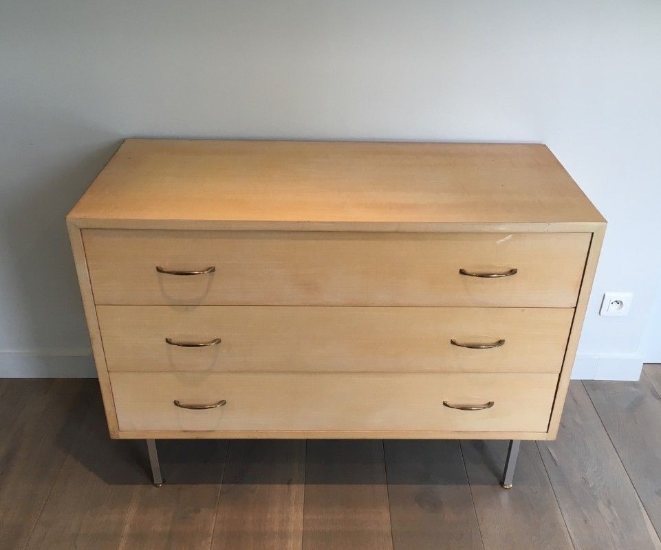 In The Style Of Knoll. Egg Shell Lacquered Commode With Brushed Steel Feet. French . Circa 1970 photo furniture