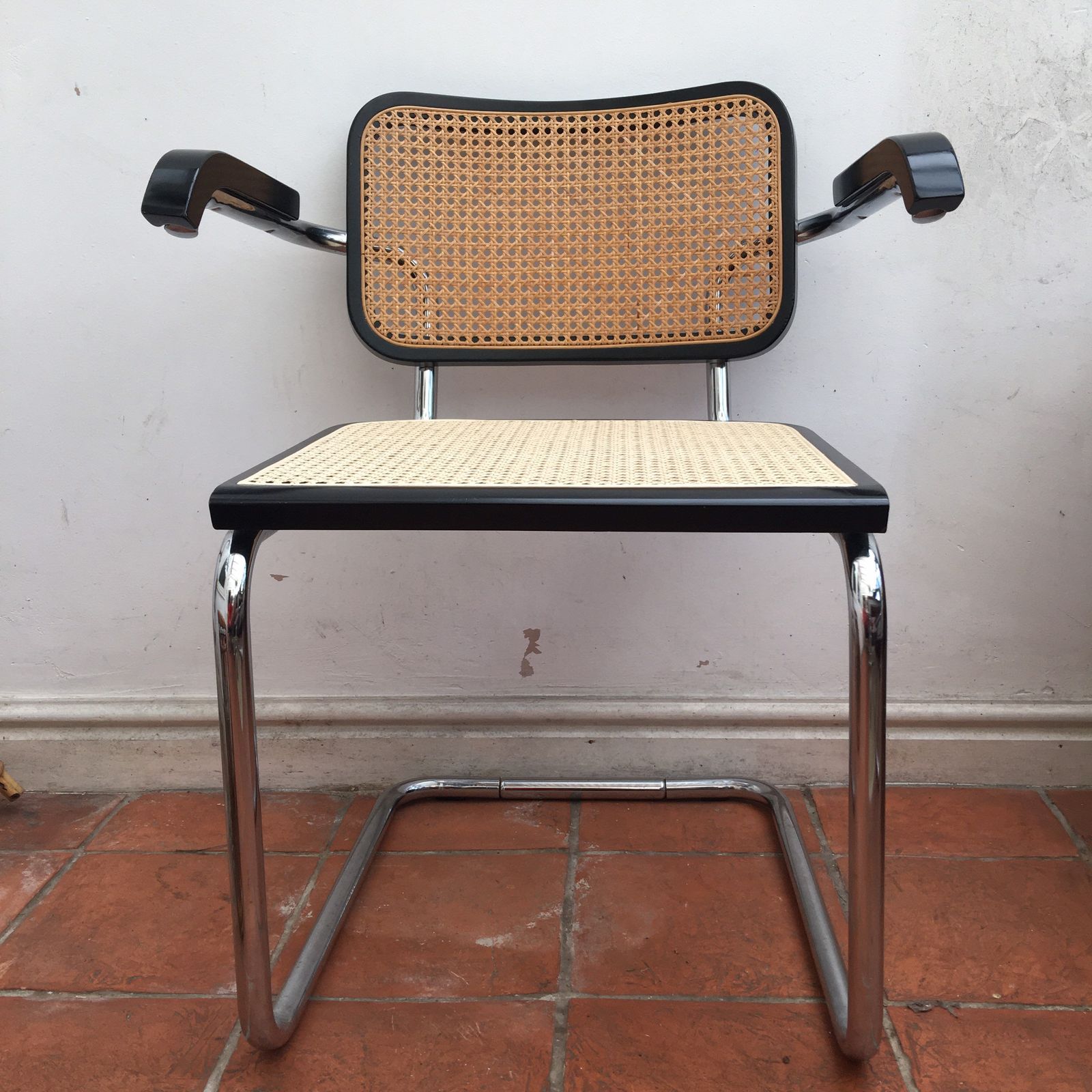 Cesca Black And Chrome & Rattan Dining Chair With Arms With Cane Seat & Back photo furniture