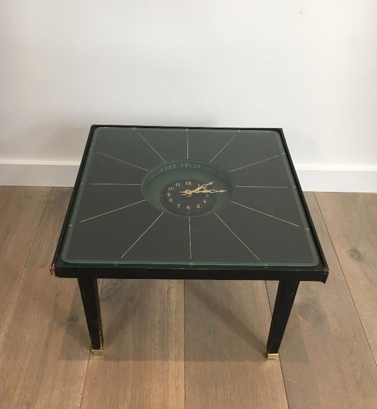 In The Style Of Jacques Adnet. Rare Black Leather And Brass Small Clock Table. French. Circa 1950 photo furniture