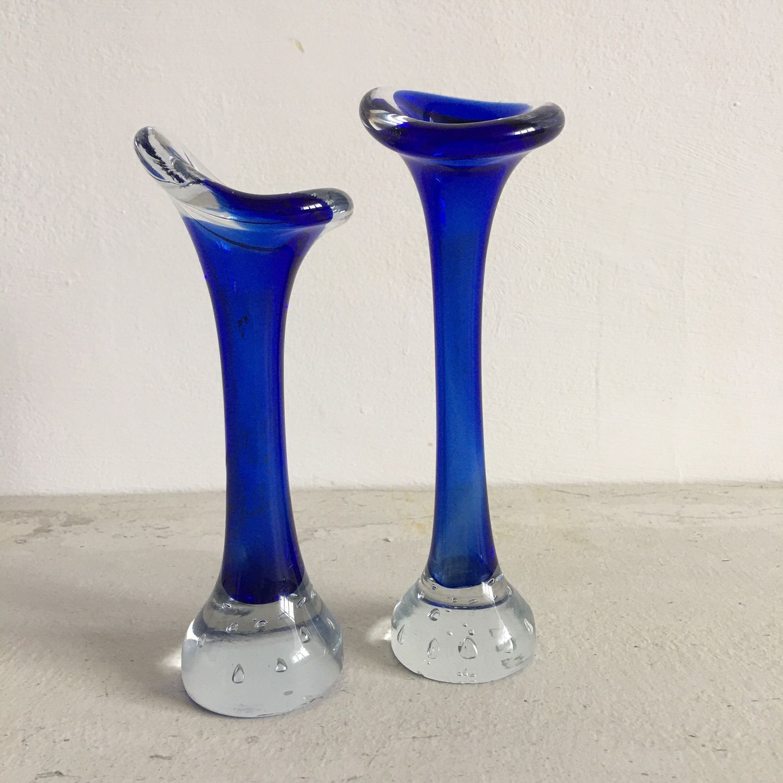 A Pair Of Swedish Blue Aseda Stem Vases. Mid Century Hand Blown/ Gift