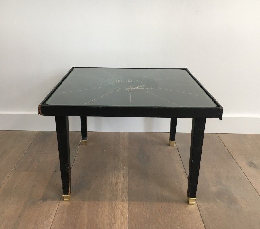 In The Style Of Jacques Adnet. Rare Black Leather And Brass Small Clock Table. French. Circa 1950 photo vintage