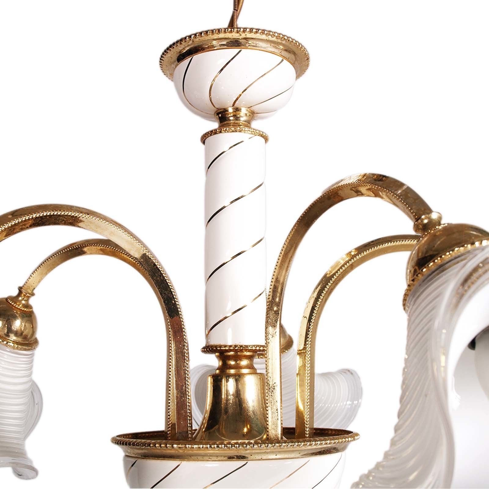 Venice Murano Glass Chandelier Mazzega 1970s, 5 Lights, Golden Metal Milky Glass photo 2232.0