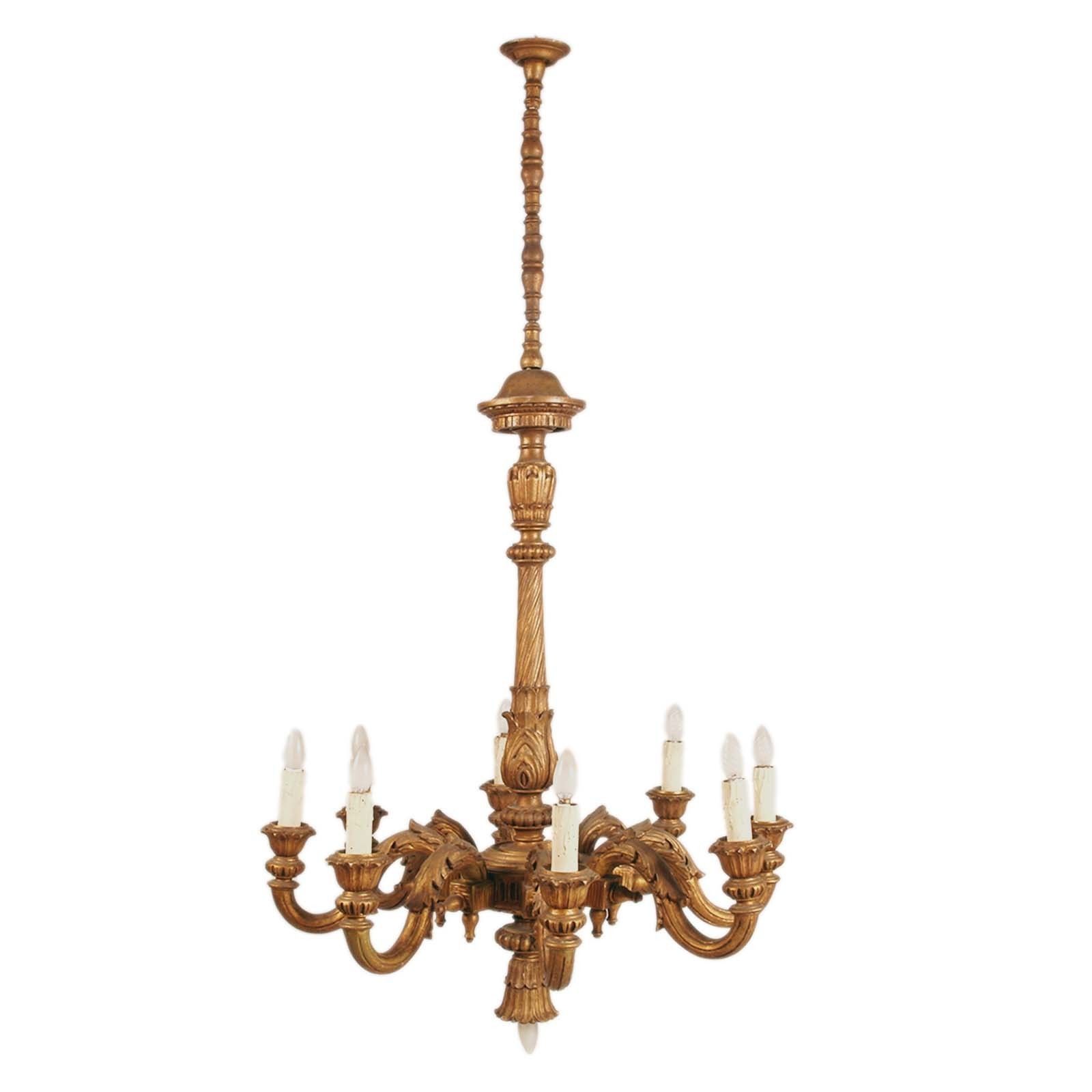 Large Florentine Baroque Chandelier In Hand Carved Walnut Gold Leaf, 9 Lights