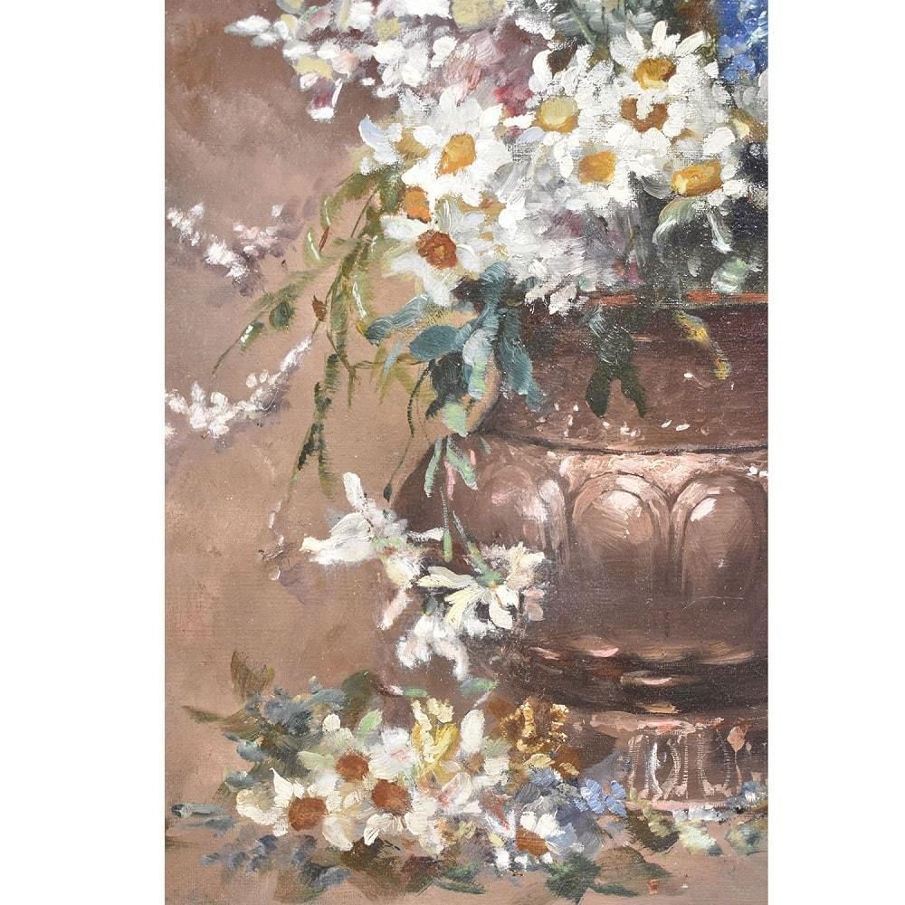 Still Life Painting, White Daisies, Coppenolle, Antique Oil, XIX Century. (Qf393) photo furniture