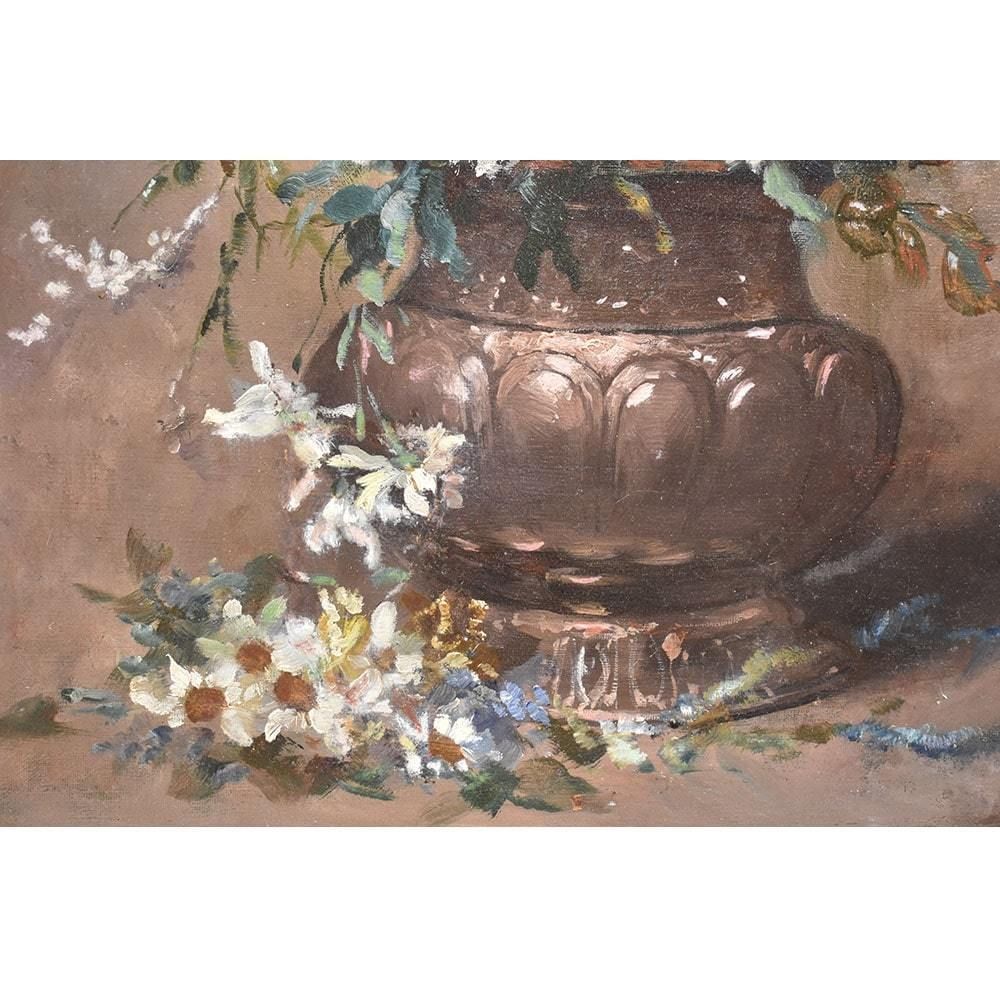 photo furniture Still Life Painting, White Daisies, Coppenolle, Antique Oil, XIX Century. (Qf393)