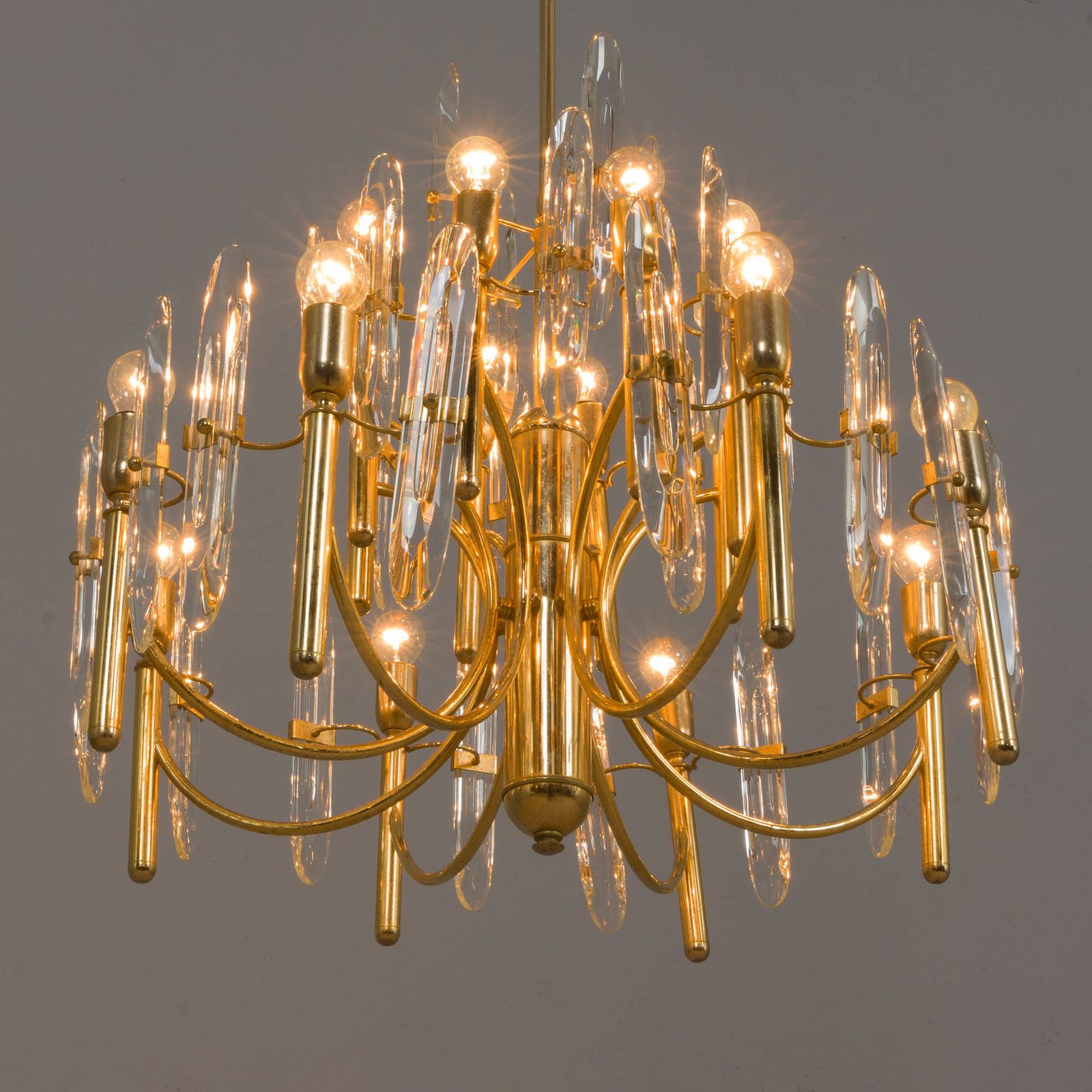 Gaetano Sciolari Large Gold Brass & Crystal Glass Chandelier, Italy, 70s photo for sale
