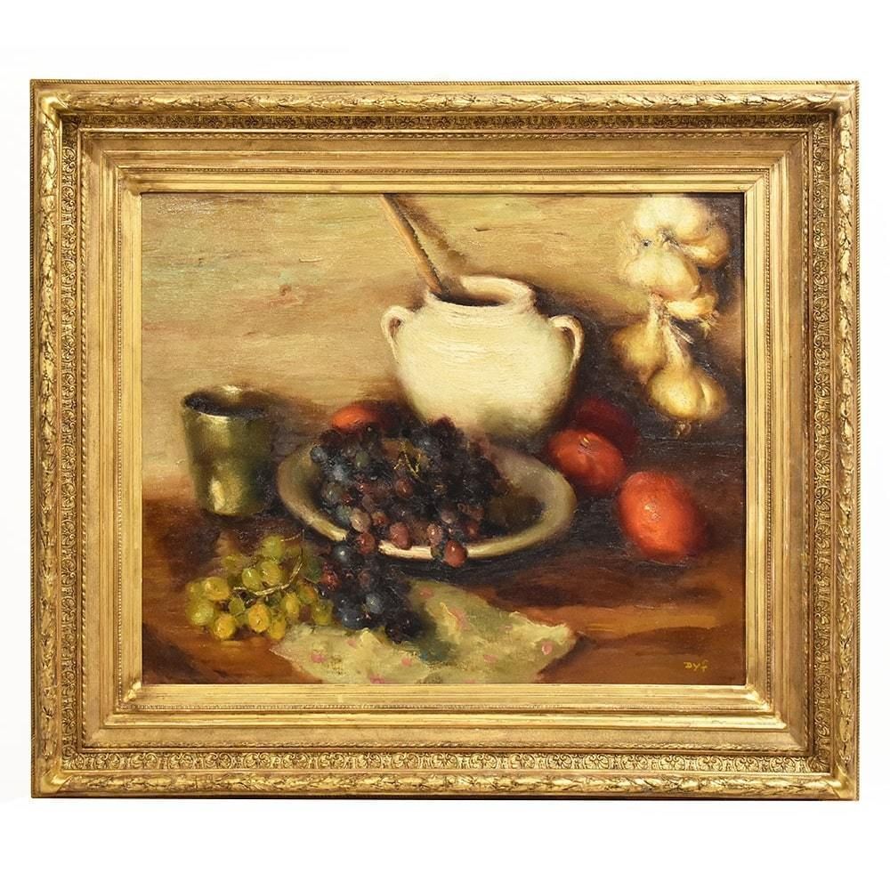 Antique Still Life With Fruit Painting, Dyf Marcel, Oil On Canvas, Early 20th Century. (Qnm395)
