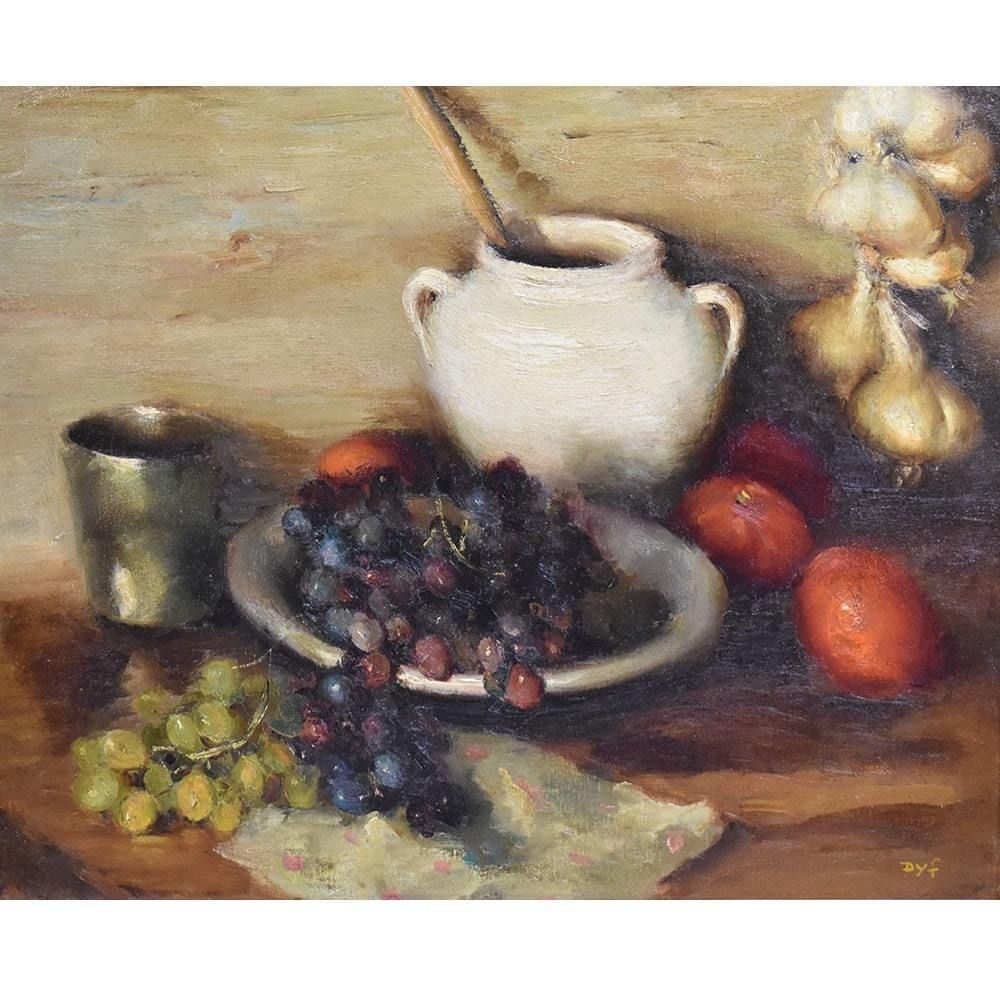 Antique Still Life With Fruit Painting, Dyf Marcel, Oil On Canvas, Early 20th Century. (Qnm395) photo furniture