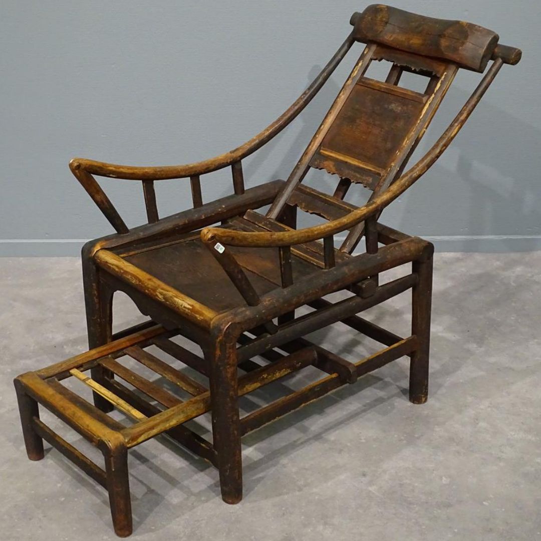 Original Antique Chinese 19th Century Handcrafted Bamboo Lounge Chair, Ca 1860 photo for sale