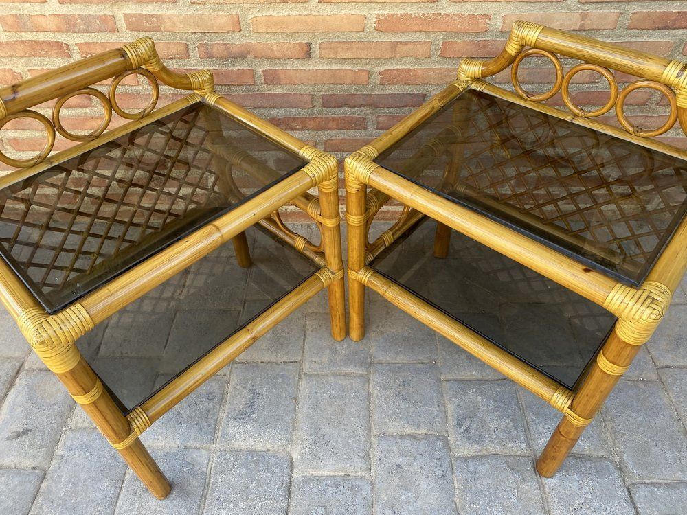Bamboo & Rattan Nightstands With Low Glass Shelves, Italy, 1960s, Set Of 2 photo for sale