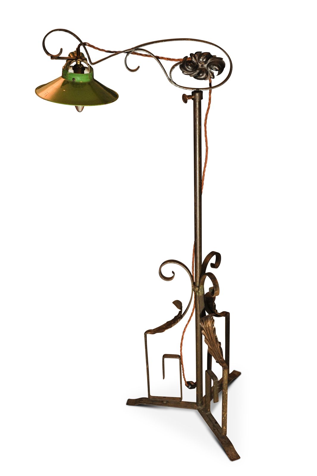 Art Nouveau French Wrought Iron Decorative Standard Lamp With Green Enamel Shade Ol photo for sale