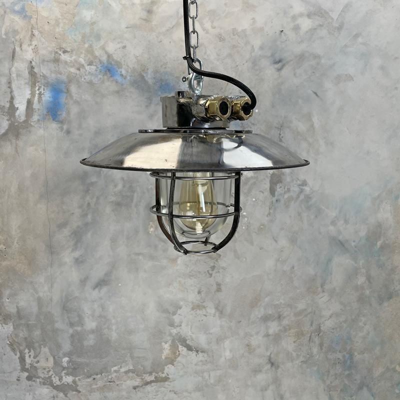 1980's Japanese Cast Steel Explosion Proof Pendant   Glass Dome, Shade & Cage photo vinterior