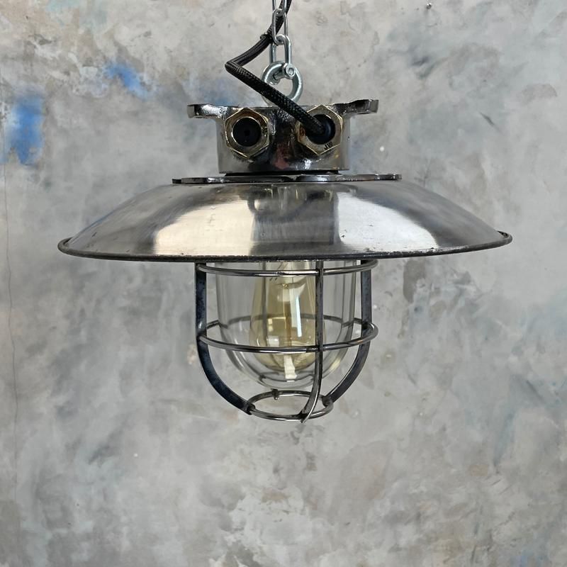 1980's Japanese Cast Steel Explosion Proof Pendant   Glass Dome, Shade & Cage photo vintage