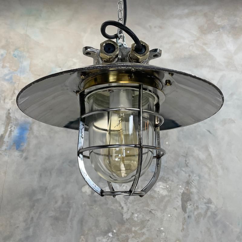 photo furniture 1980's Japanese Cast Steel Explosion Proof Pendant   Glass Dome, Shade & Cage