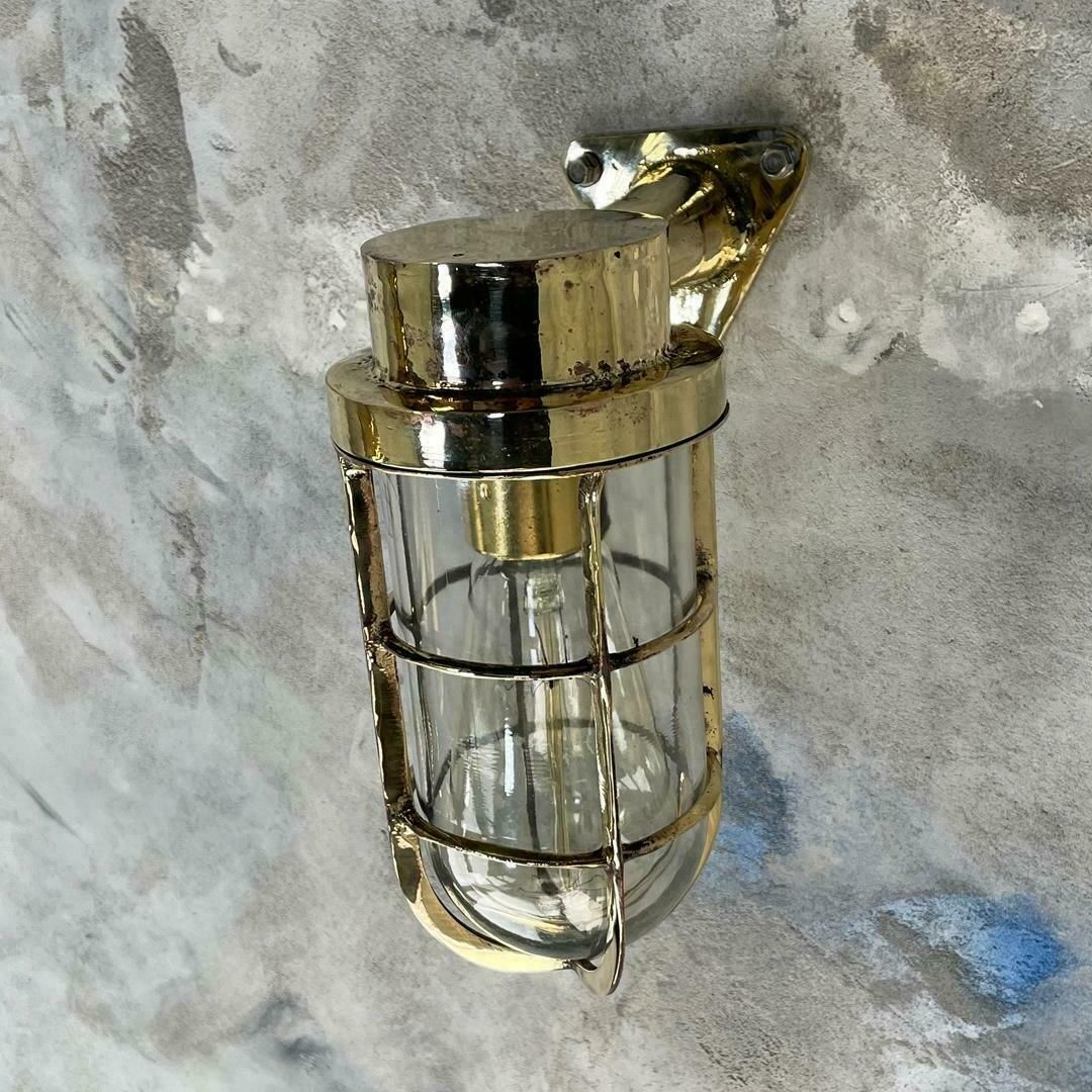 1970's Dutch Industrial Rotterdam Brass 90 Degree Wall Lamp   Glass Dome & Cage photo Lighting