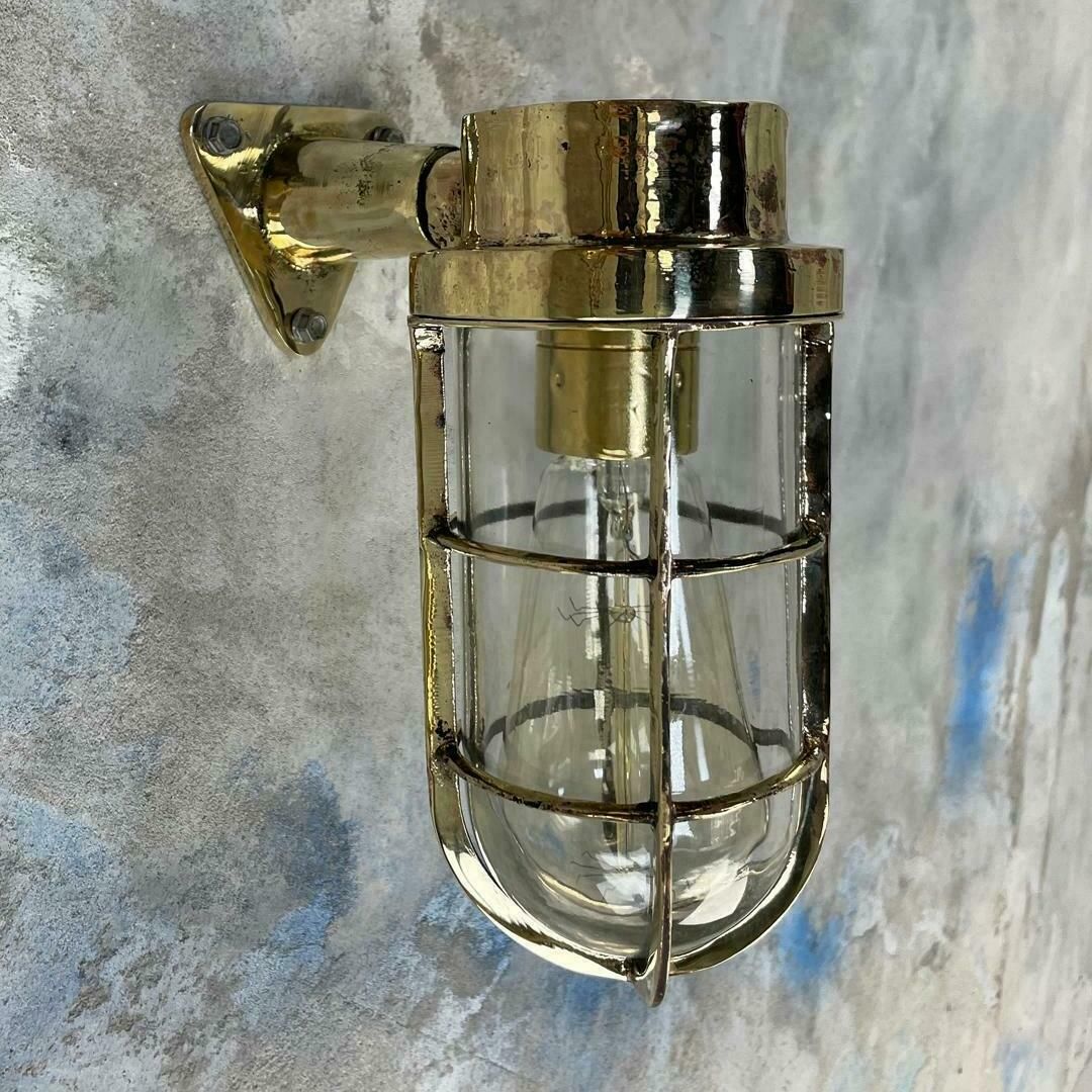 1970's Dutch Industrial Rotterdam Brass 90 Degree Wall Lamp   Glass Dome & Cage