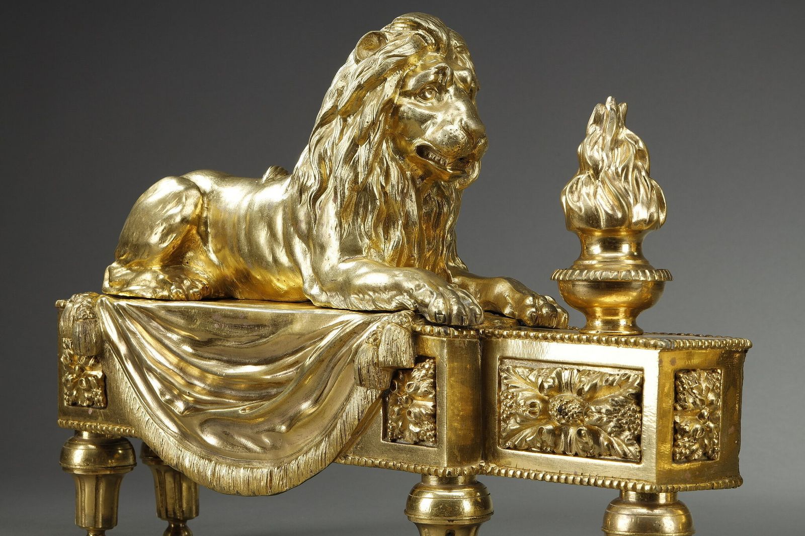 Pair Of Andirons With Lions In Bronze Chased And Gilded photo buy
