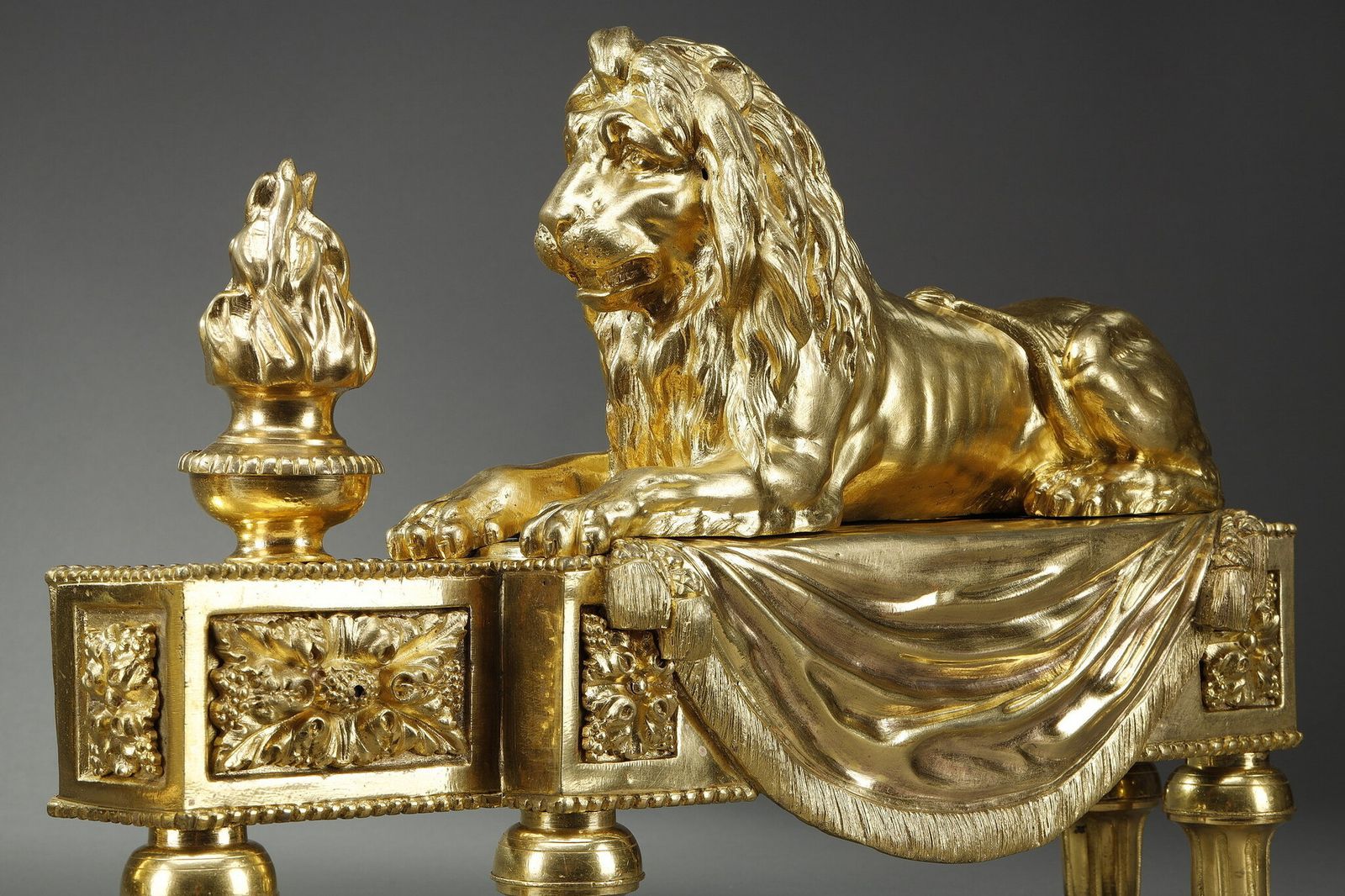 Pair Of Andirons With Lions In Bronze Chased And Gilded photo vintage
