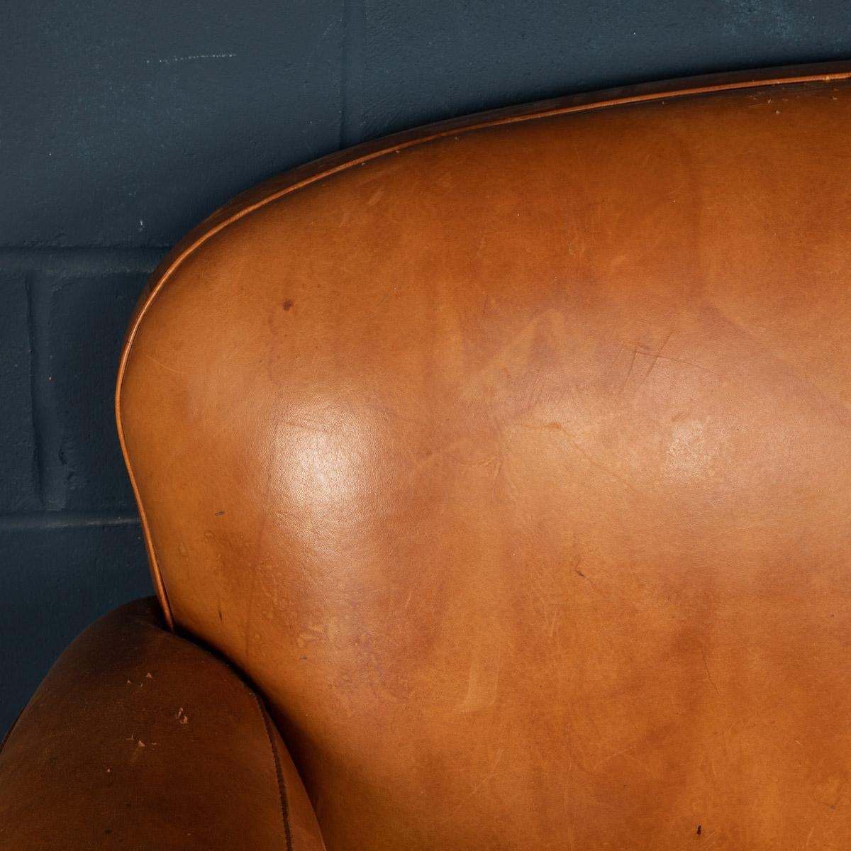 Furniture 20th Century France Two Seater Tan Sheepskin Leather Sofa photo