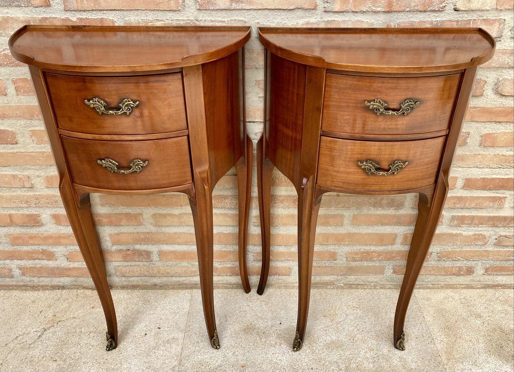 French Walnut Demilune Bedside Tables Or Nightstands With 2 Drawers, Set Of 2 photo vintage