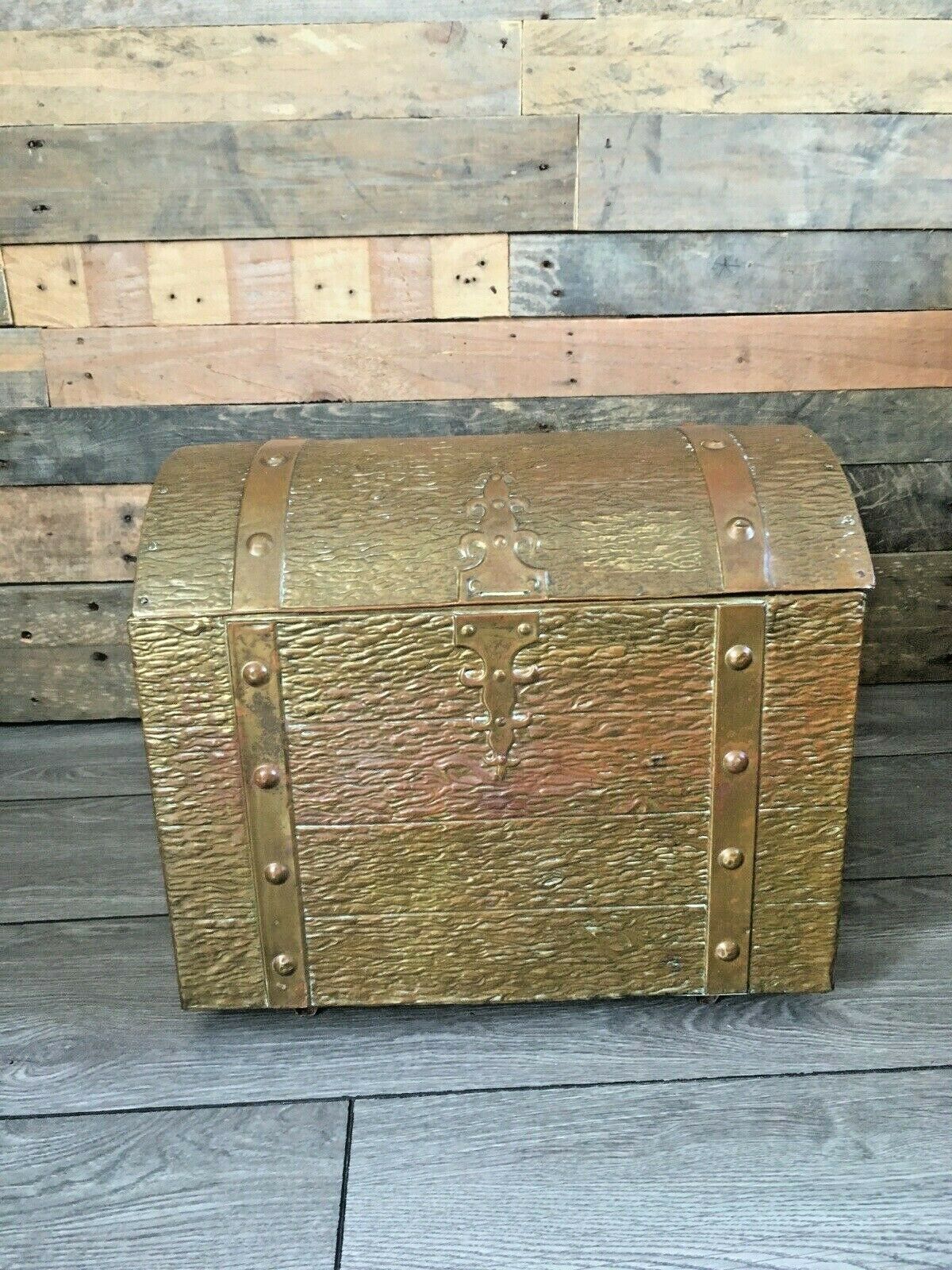 photo for sale Antique Brass Wood Effect Treasure Chest Log Coal Box Storage Bin Kindling Toy