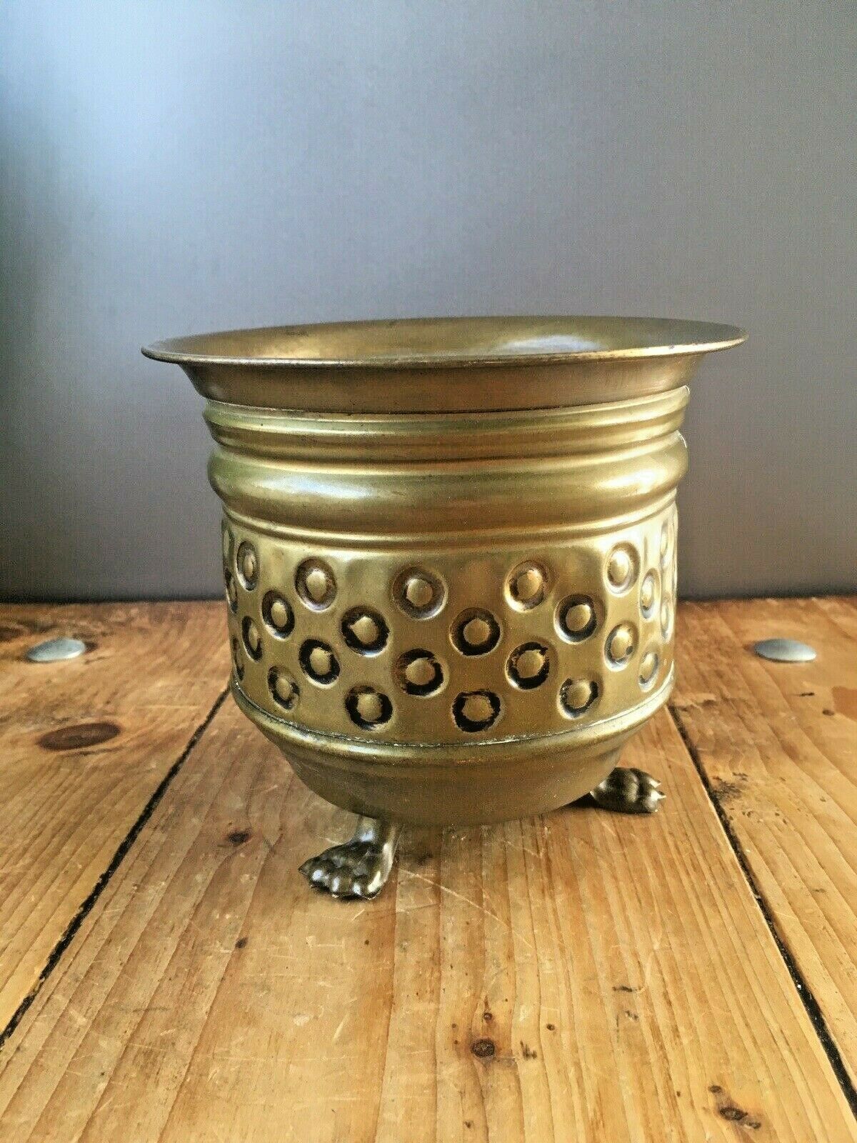 Vintage Retro Brass Circle Planter Lion Feet Flower Plant Pot Boho 70's Antique photo 50.0